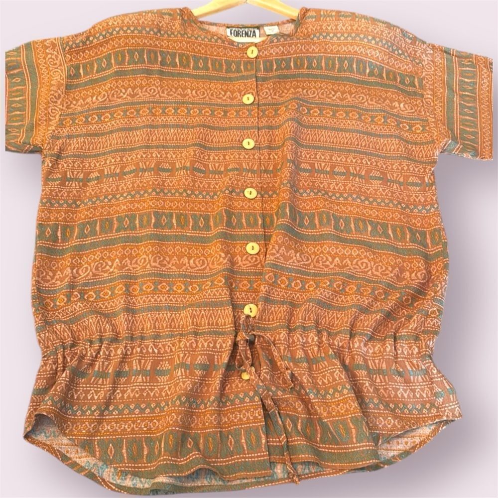FORENZA Vintage Short Sleeve Drawstring Waist Button Down Tunic Shirt
